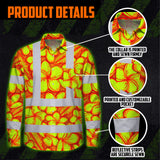 Hi Vis Hawaiian Long Sleeve Shirt Reflective Tapes Orange Neon Lime Plumeria Custom Name Safety Workwear For Workers, Truckers, Operators