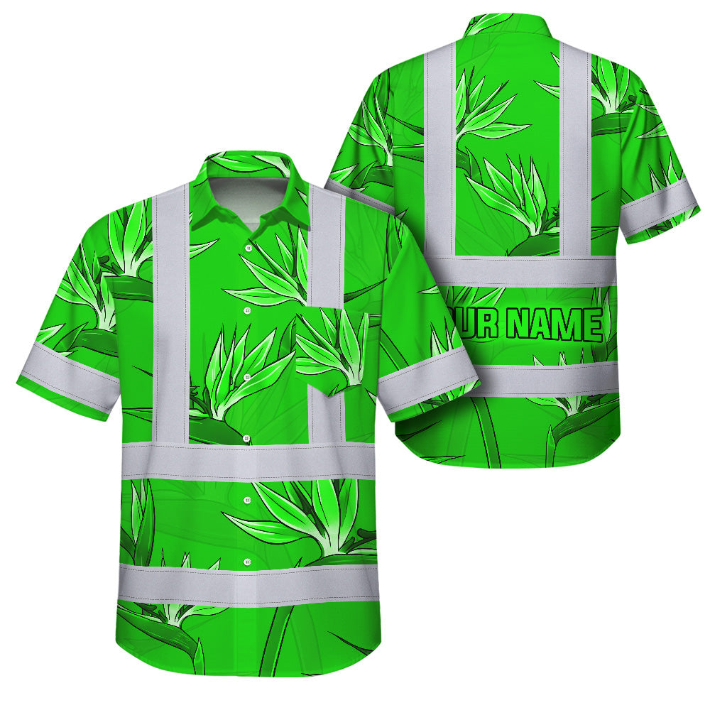 Hi Vis Hawaiian Shirt Reflective Tapes Green Neon Flowers Custom Name Safety Workwear For Workers, Truckers, Operators