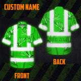 Hi Vis Hawaiian Shirt Reflective Tapes Green Neon Flowers Custom Name Safety Workwear For Workers, Truckers, Operators