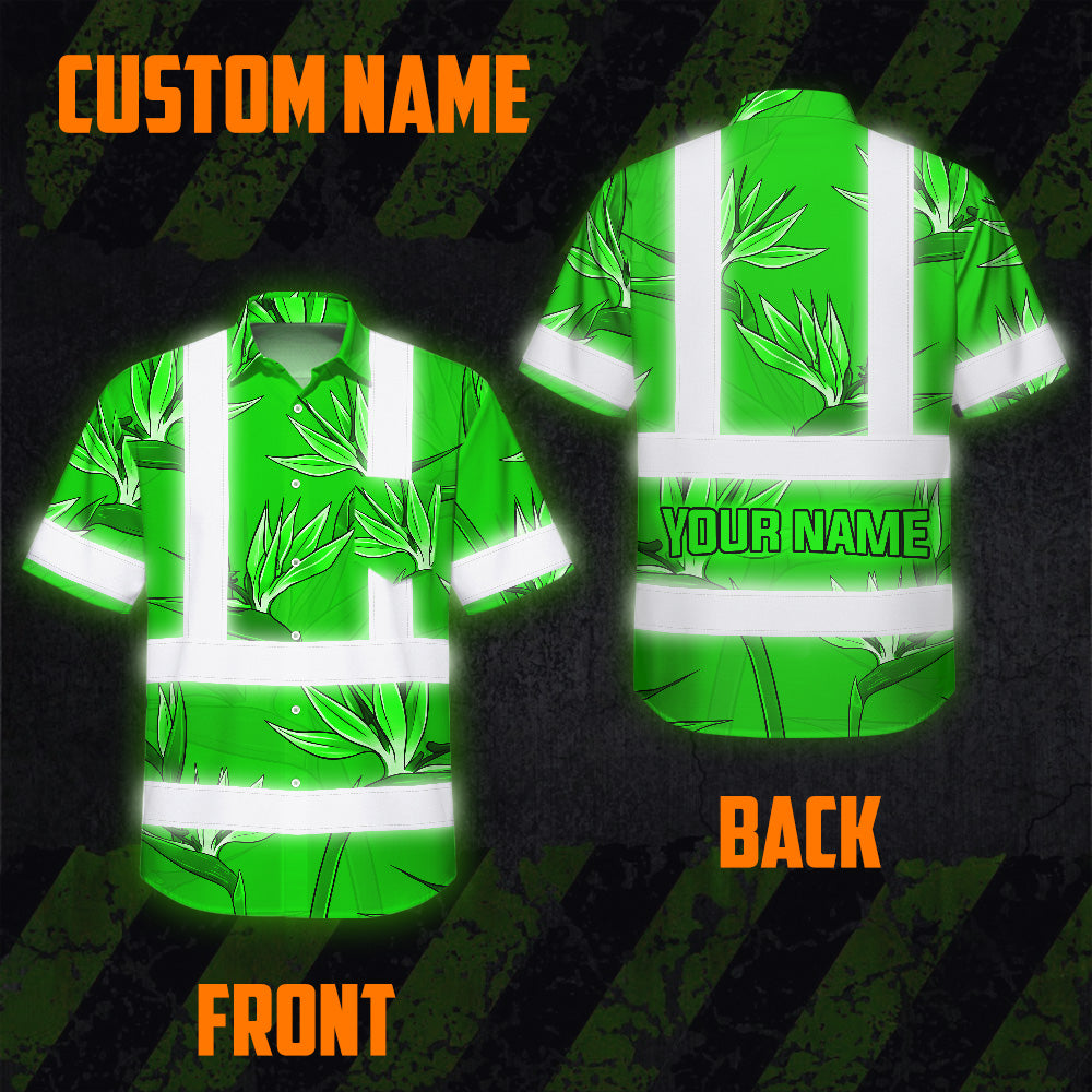Hi Vis Hawaiian Shirt Reflective Tapes Green Neon Flowers Custom Name Safety Workwear For Workers, Truckers, Operators