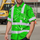 Hi Vis Hawaiian Shirt Reflective Tapes Green Neon Flowers Custom Name Safety Workwear For Workers, Truckers, Operators