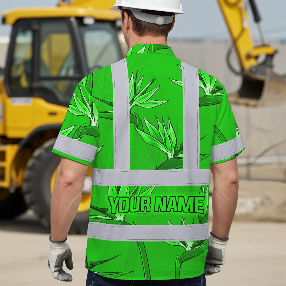 Hi Vis Hawaiian Shirt Reflective Tapes Green Neon Flowers Custom Name Safety Workwear For Workers, Truckers, Operators