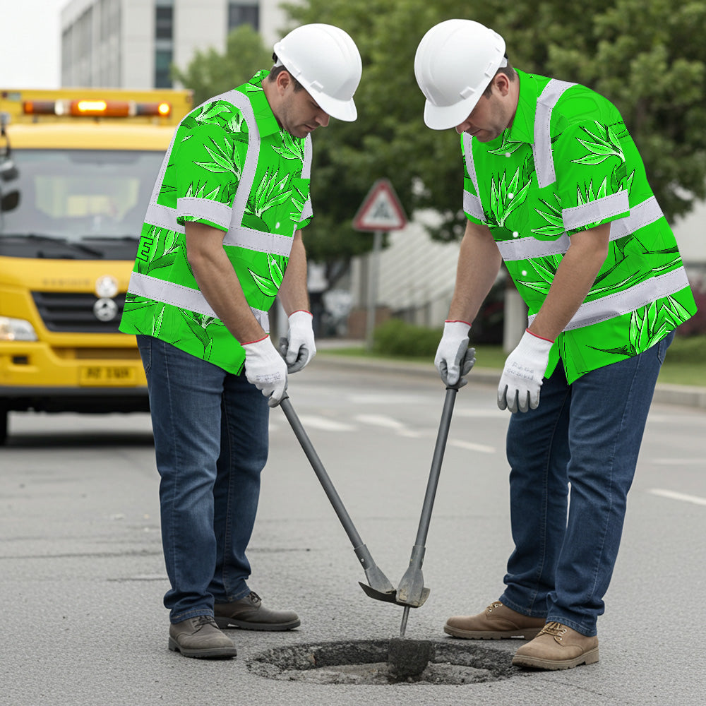 Hi Vis Hawaiian Shirt Reflective Tapes Green Neon Flowers Custom Name Safety Workwear For Workers, Truckers, Operators