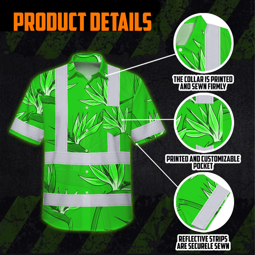Hi Vis Hawaiian Shirt Reflective Tapes Green Neon Flowers Custom Name Safety Workwear For Workers, Truckers, Operators