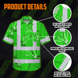 Hi Vis Hawaiian Shirt Reflective Tapes Green Neon Flowers Custom Name Safety Workwear For Workers, Truckers, Operators