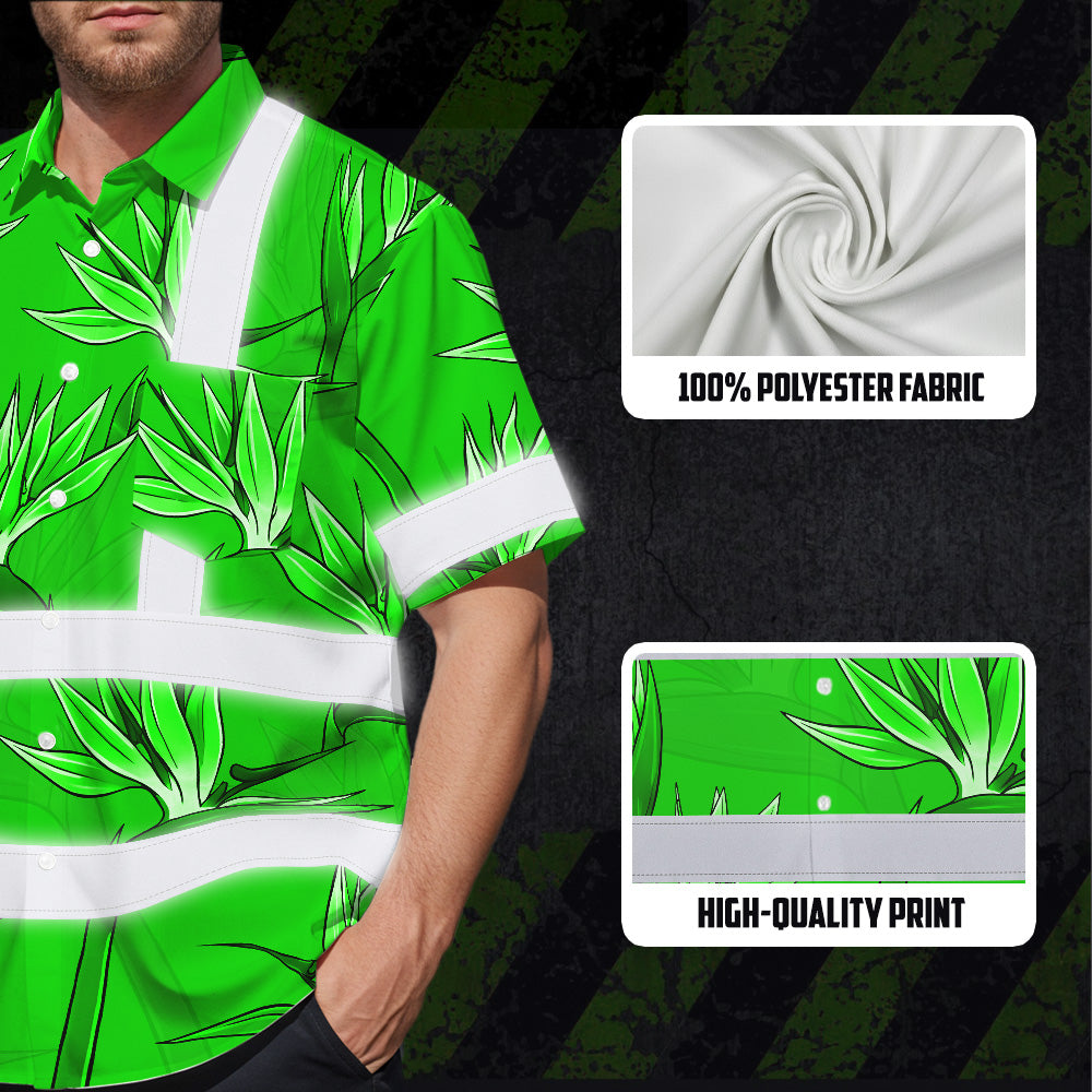 Hi Vis Hawaiian Shirt Reflective Tapes Green Neon Flowers Custom Name Safety Workwear For Workers, Truckers, Operators