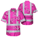 Hi Vis Hawaiian Shirt Reflective Tapes Pink Neon Flowers Custom Name Safety Workwear For Workers, Truckers, Operators