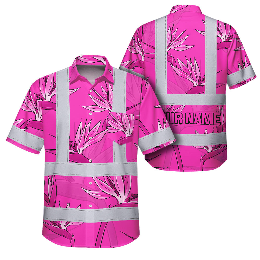 Hi Vis Hawaiian Shirt Reflective Tapes Pink Neon Flowers Custom Name Safety Workwear For Workers, Truckers, Operators