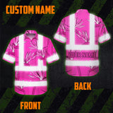 Hi Vis Hawaiian Shirt Reflective Tapes Pink Neon Flowers Custom Name Safety Workwear For Workers, Truckers, Operators