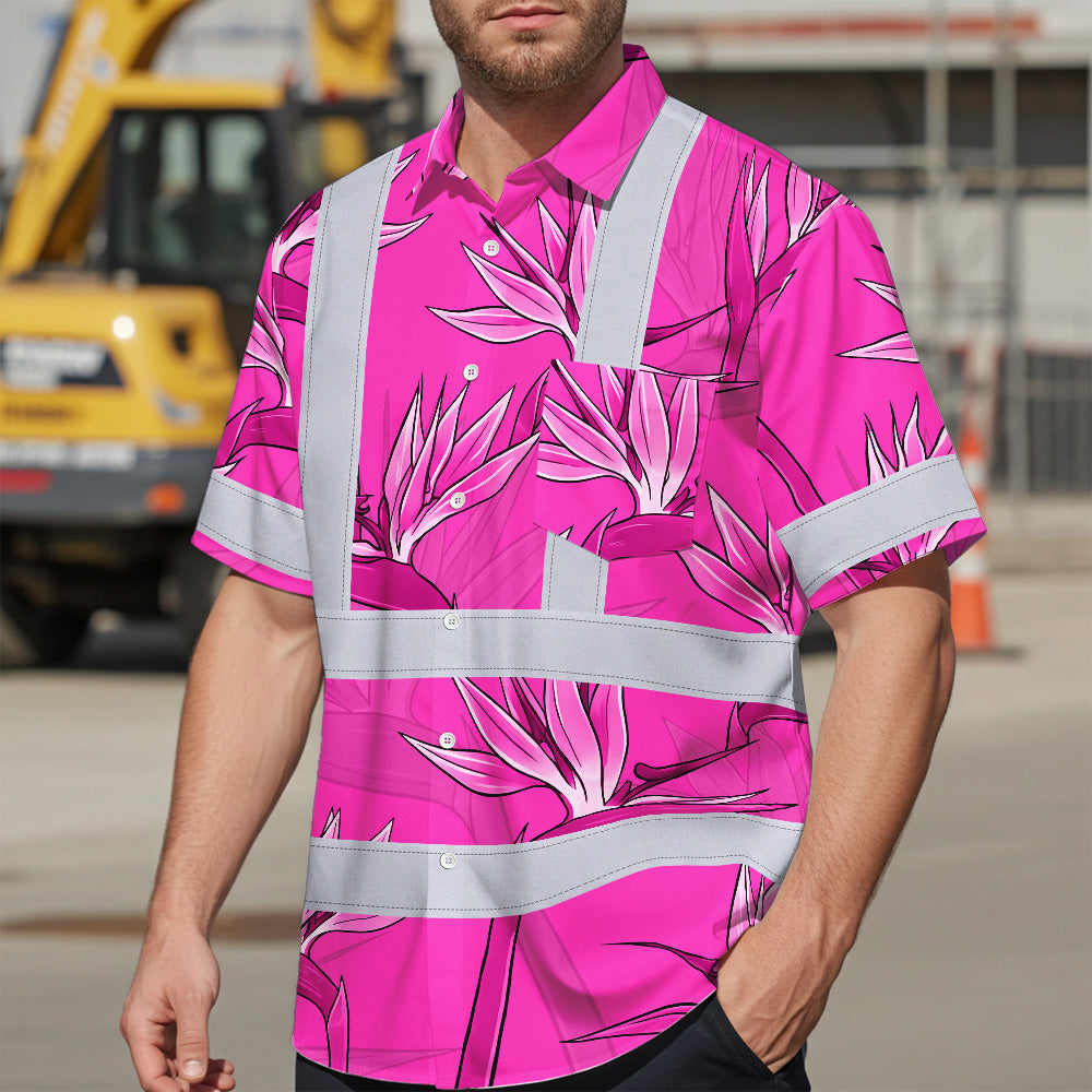 Hi Vis Hawaiian Shirt Reflective Tapes Pink Neon Flowers Custom Name Safety Workwear For Workers, Truckers, Operators