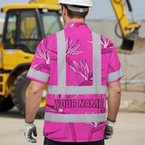 Hi Vis Hawaiian Shirt Reflective Tapes Pink Neon Flowers Custom Name Safety Workwear For Workers, Truckers, Operators