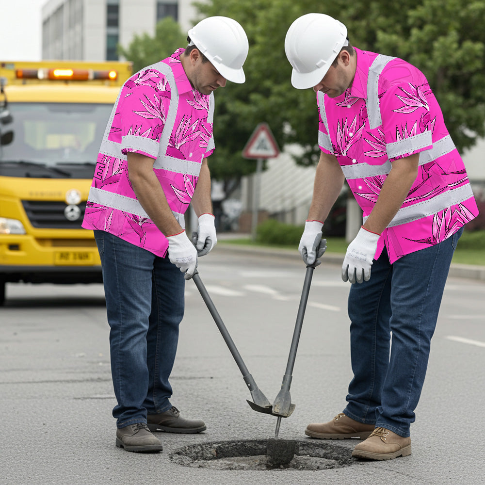 Hi Vis Hawaiian Shirt Reflective Tapes Pink Neon Flowers Custom Name Safety Workwear For Workers, Truckers, Operators
