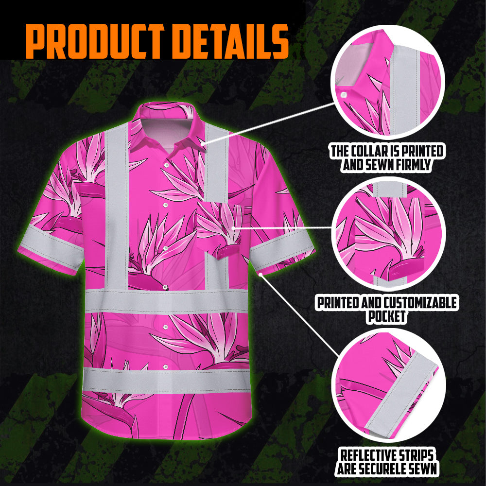 Hi Vis Hawaiian Shirt Reflective Tapes Pink Neon Flowers Custom Name Safety Workwear For Workers, Truckers, Operators