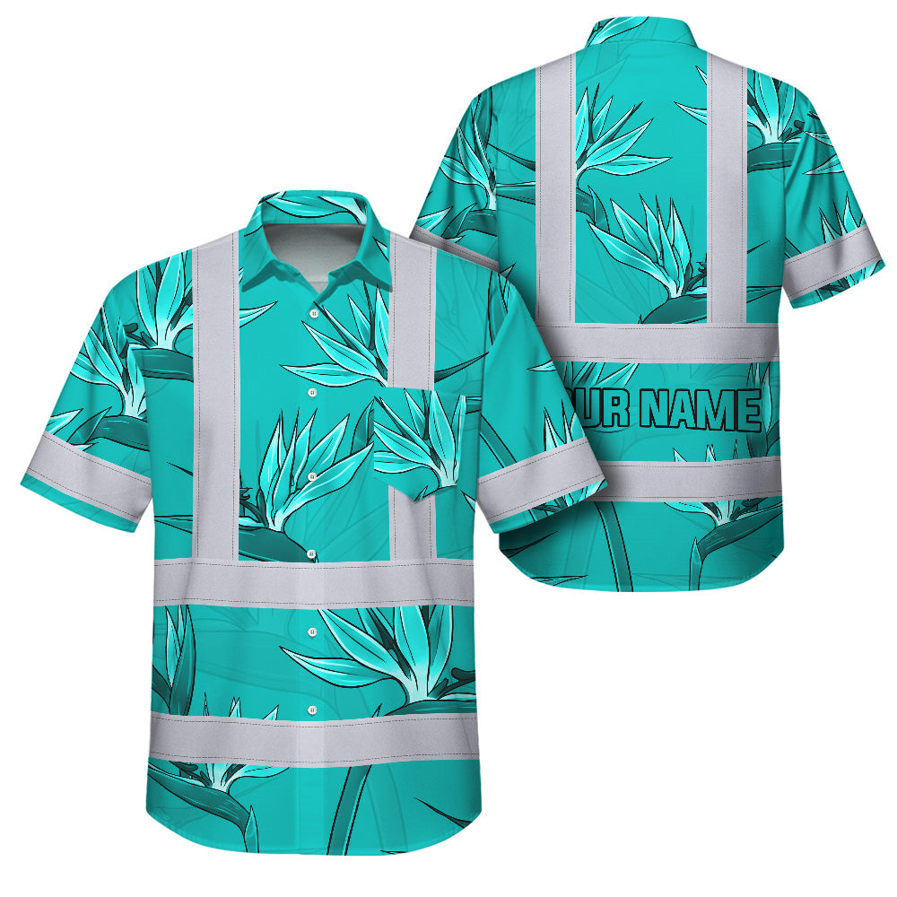 Hi Vis Hawaiian Shirt Reflective Tapes Blue Flowers Custom Name Safety Workwear For Workers, Truckers, Operators