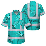 Hi Vis Hawaiian Shirt Reflective Tapes Blue Flowers Custom Name Safety Workwear For Workers, Truckers, Operators