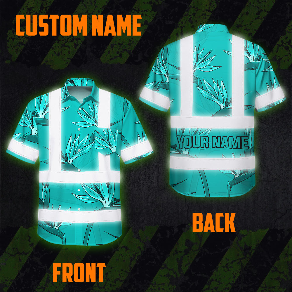 Hi Vis Hawaiian Shirt Reflective Tapes Blue Flowers Custom Name Safety Workwear For Workers, Truckers, Operators