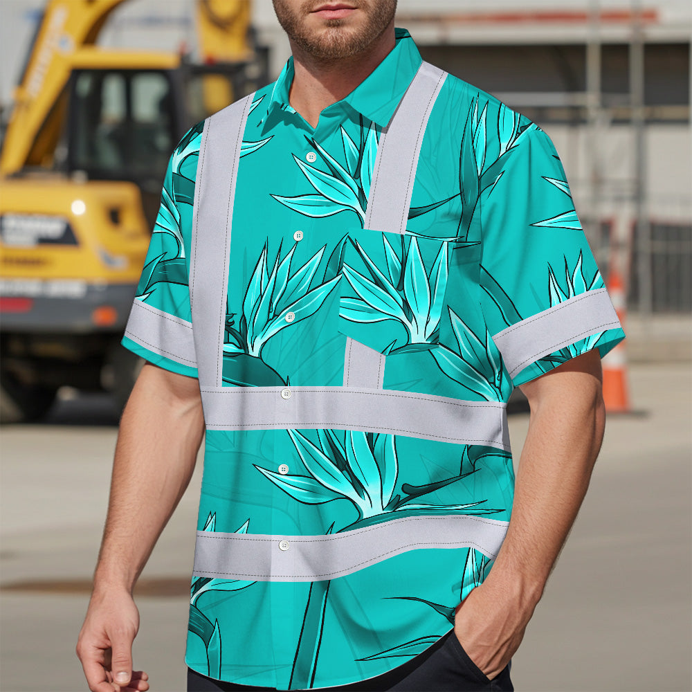 Hi Vis Hawaiian Shirt Reflective Tapes Blue Flowers Custom Name Safety Workwear For Workers, Truckers, Operators