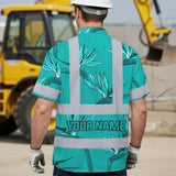 Hi Vis Hawaiian Shirt Reflective Tapes Blue Flowers Custom Name Safety Workwear For Workers, Truckers, Operators