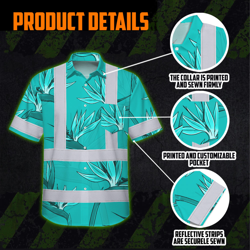 Hi Vis Hawaiian Shirt Reflective Tapes Blue Flowers Custom Name Safety Workwear For Workers, Truckers, Operators