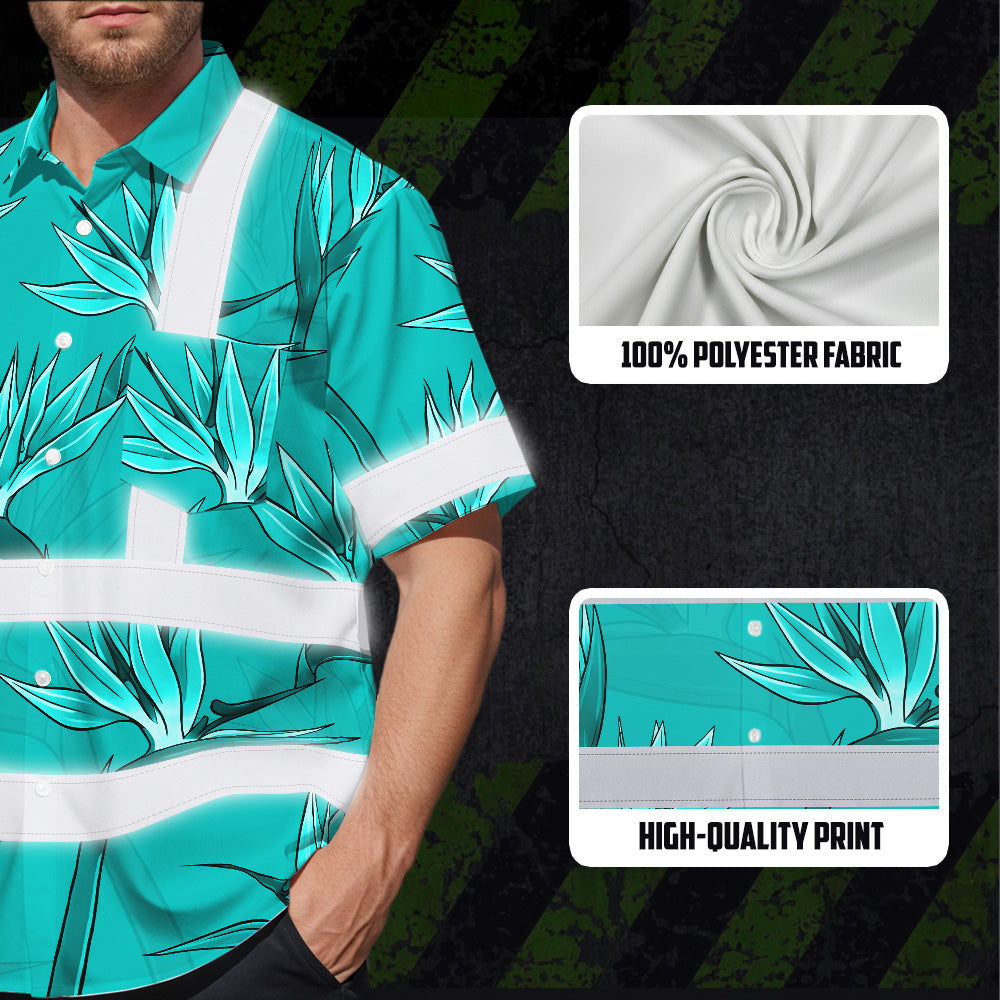 Hi Vis Hawaiian Shirt Reflective Tapes Blue Flowers Custom Name Safety Workwear For Workers, Truckers, Operators