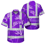 Hi Vis Hawaiian Shirt Reflective Tapes Violet Neon Flowers Custom Name Safety Workwear For Workers, Truckers, Operators