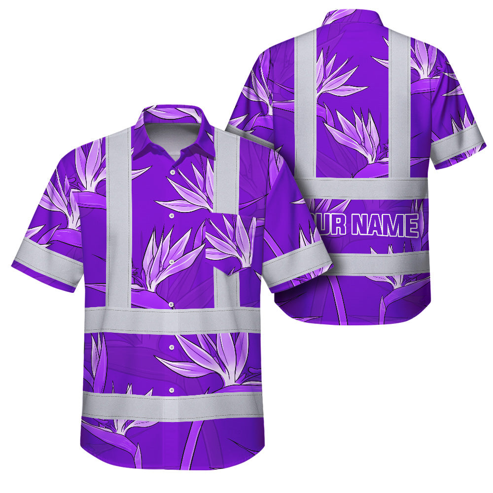 Hi Vis Hawaiian Shirt Reflective Tapes Violet Neon Flowers Custom Name Safety Workwear For Workers, Truckers, Operators
