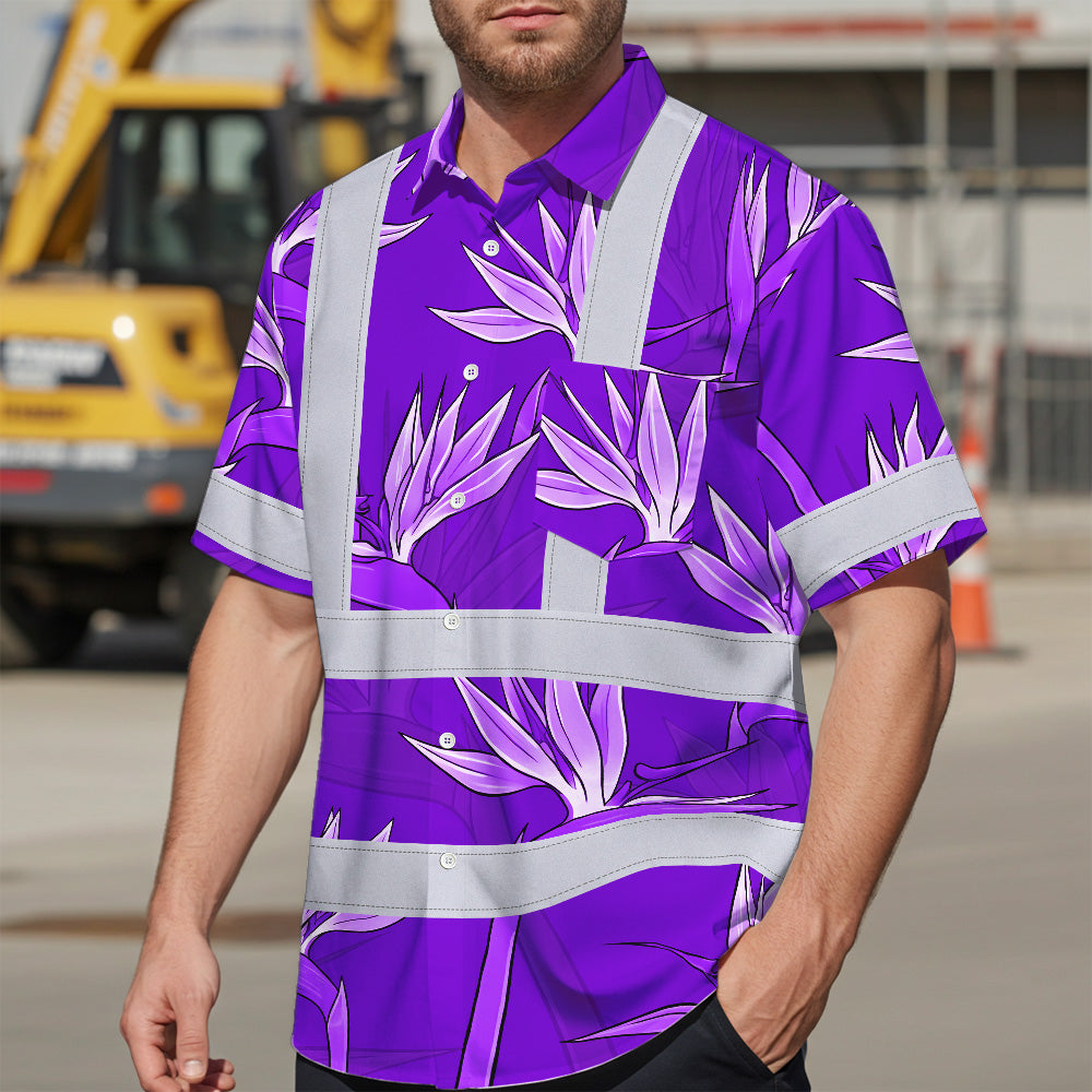 Hi Vis Hawaiian Shirt Reflective Tapes Violet Neon Flowers Custom Name Safety Workwear For Workers, Truckers, Operators
