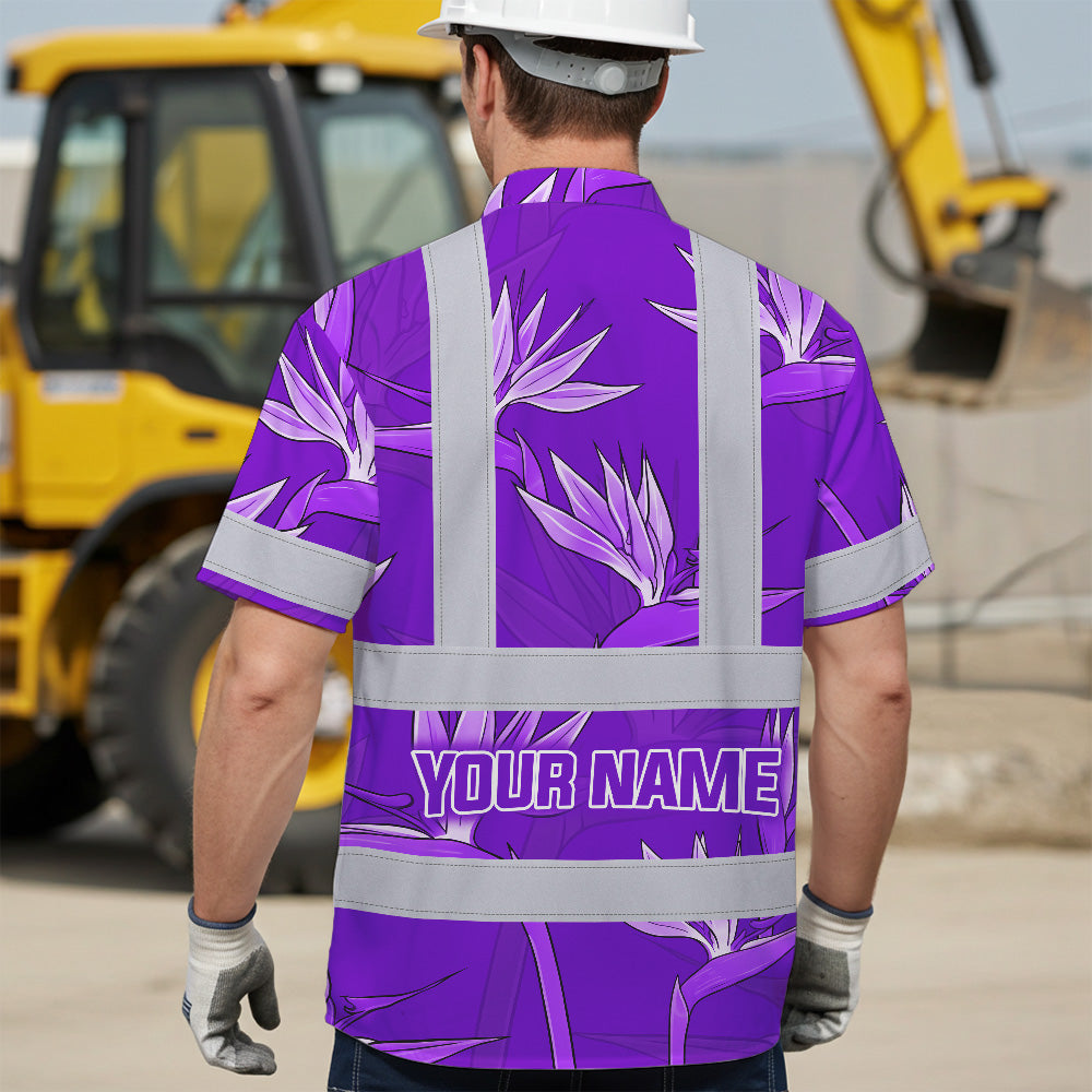 Hi Vis Hawaiian Shirt Reflective Tapes Violet Neon Flowers Custom Name Safety Workwear For Workers, Truckers, Operators