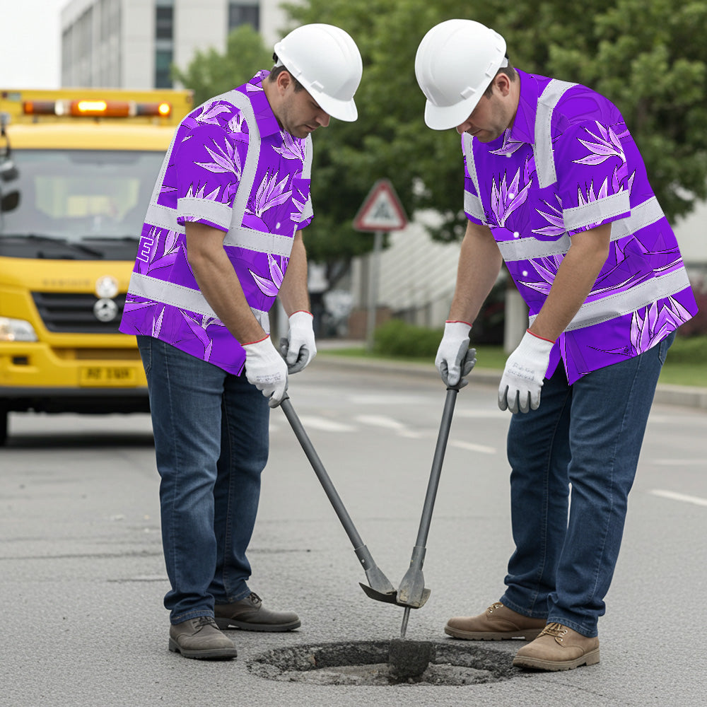 Hi Vis Hawaiian Shirt Reflective Tapes Violet Neon Flowers Custom Name Safety Workwear For Workers, Truckers, Operators