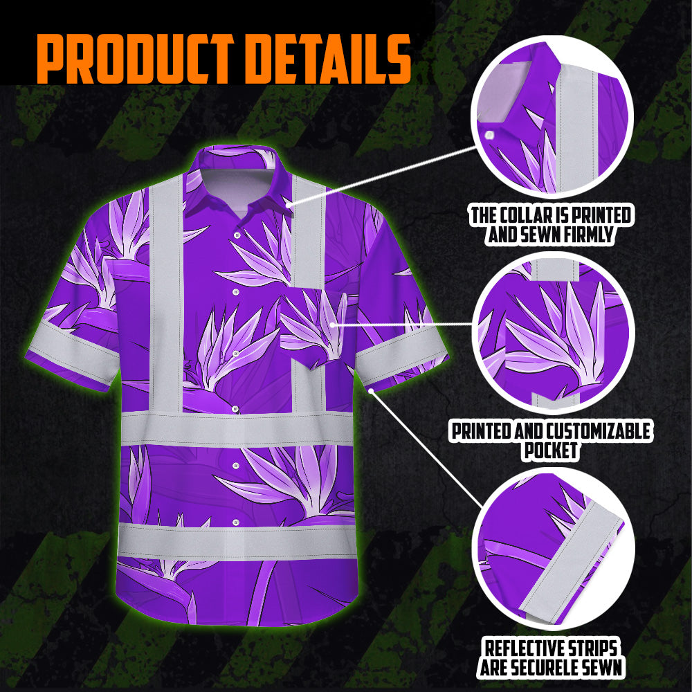 Hi Vis Hawaiian Shirt Reflective Tapes Violet Neon Flowers Custom Name Safety Workwear For Workers, Truckers, Operators