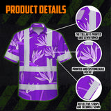 Hi Vis Hawaiian Shirt Reflective Tapes Violet Neon Flowers Custom Name Safety Workwear For Workers, Truckers, Operators