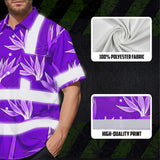Hi Vis Hawaiian Shirt Reflective Tapes Violet Neon Flowers Custom Name Safety Workwear For Workers, Truckers, Operators