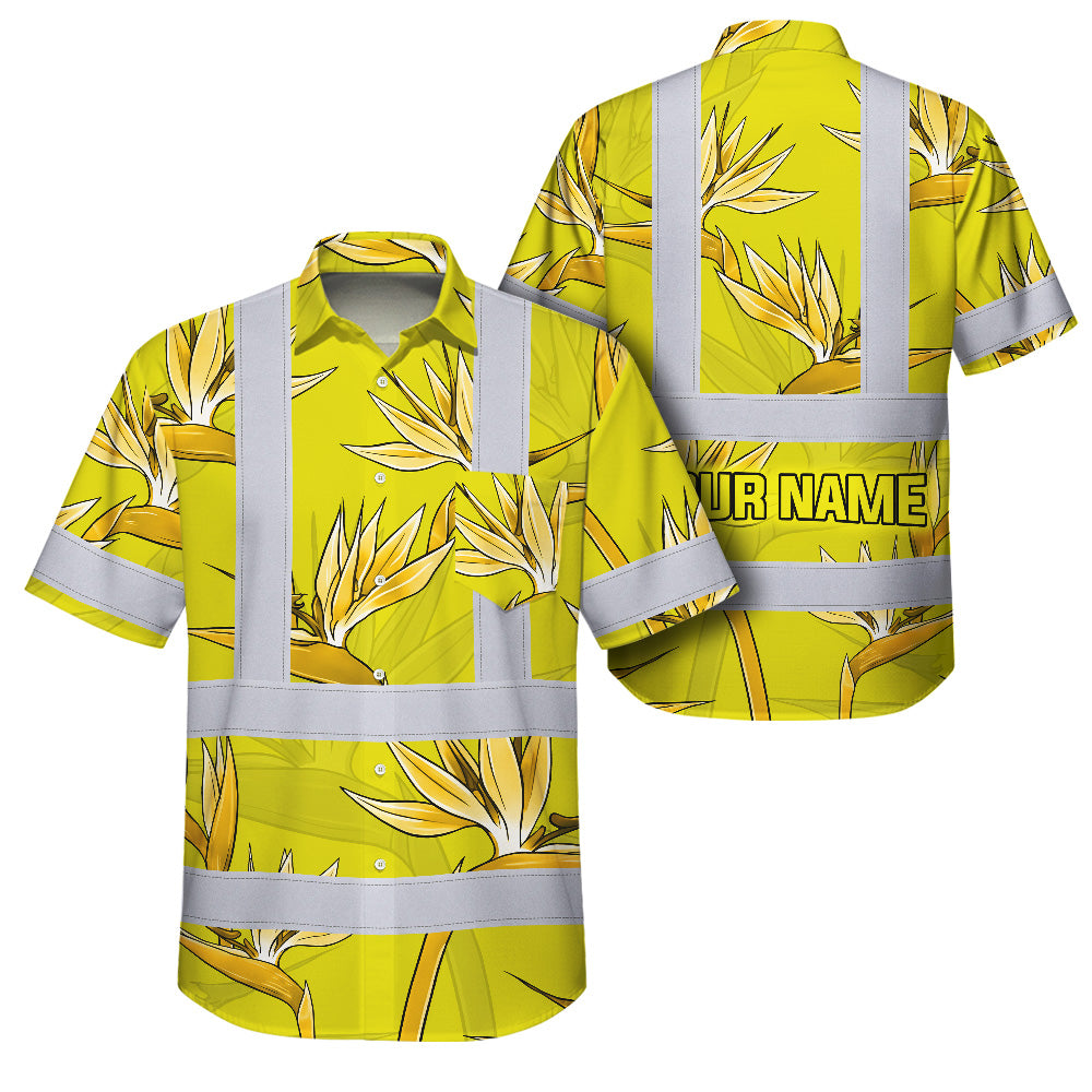 Hi Vis Hawaiian Shirt Reflective Tapes Yellow Neon Flowers Custom Name Safety Workwear For Workers, Truckers, Operators