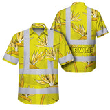 Hi Vis Hawaiian Shirt Reflective Tapes Yellow Neon Flowers Custom Name Safety Workwear For Workers, Truckers, Operators