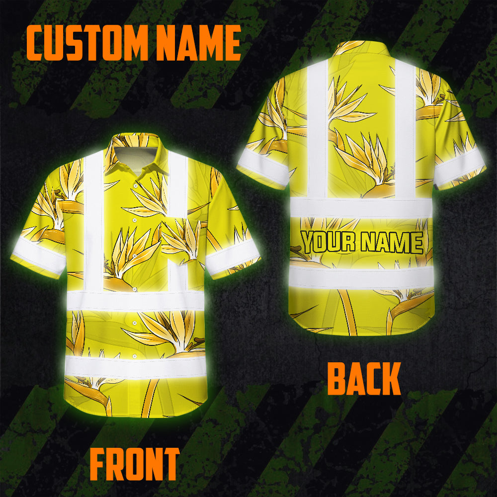 Hi Vis Hawaiian Shirt Reflective Tapes Yellow Neon Flowers Custom Name Safety Workwear For Workers, Truckers, Operators