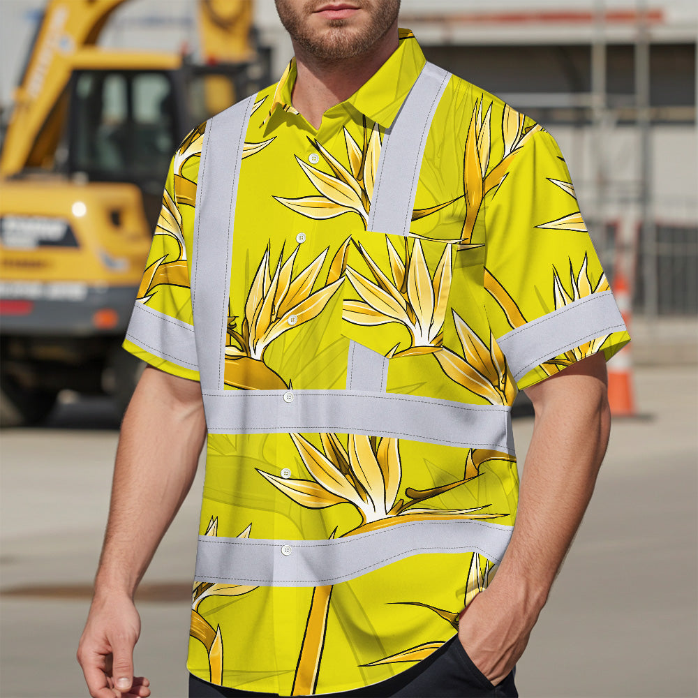 Hi Vis Hawaiian Shirt Reflective Tapes Yellow Neon Flowers Custom Name Safety Workwear For Workers, Truckers, Operators