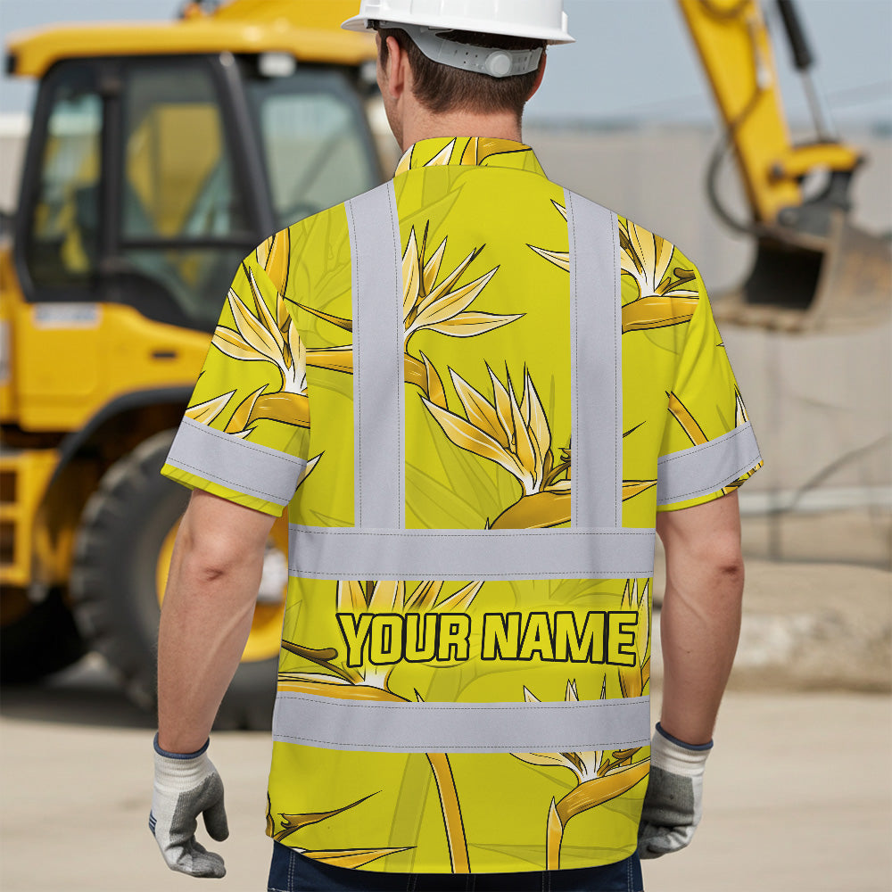 Hi Vis Hawaiian Shirt Reflective Tapes Yellow Neon Flowers Custom Name Safety Workwear For Workers, Truckers, Operators