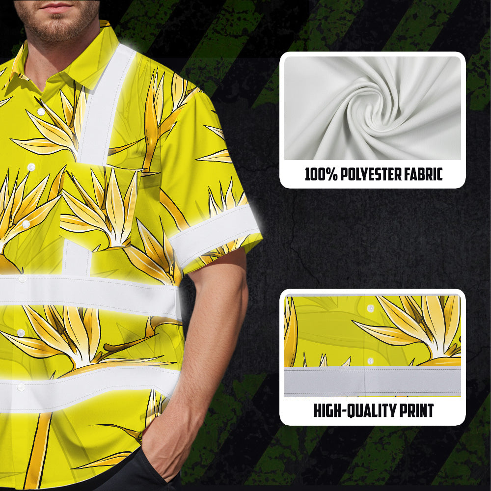 Hi Vis Hawaiian Shirt Reflective Tapes Yellow Neon Flowers Custom Name Safety Workwear For Workers, Truckers, Operators