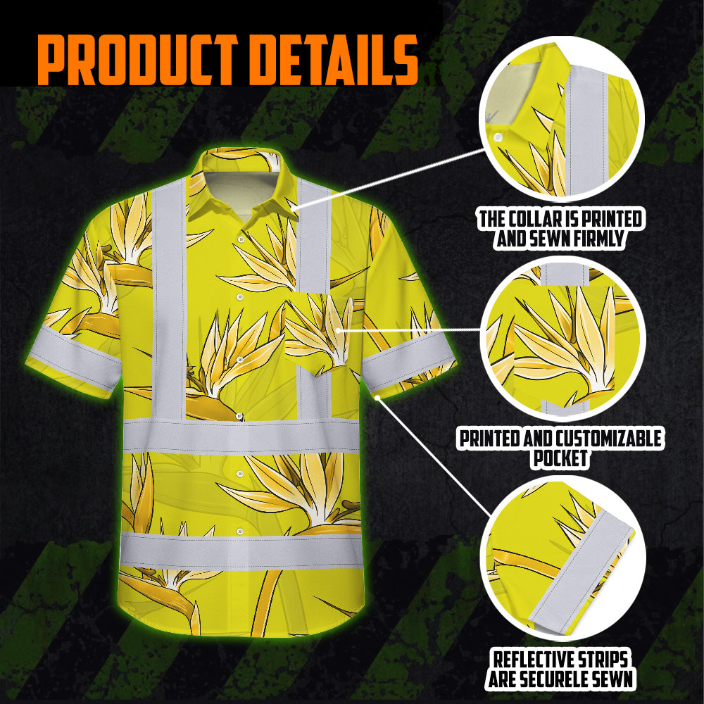 Hi Vis Hawaiian Shirt Reflective Tapes Yellow Neon Flowers Custom Name Safety Workwear For Workers, Truckers, Operators