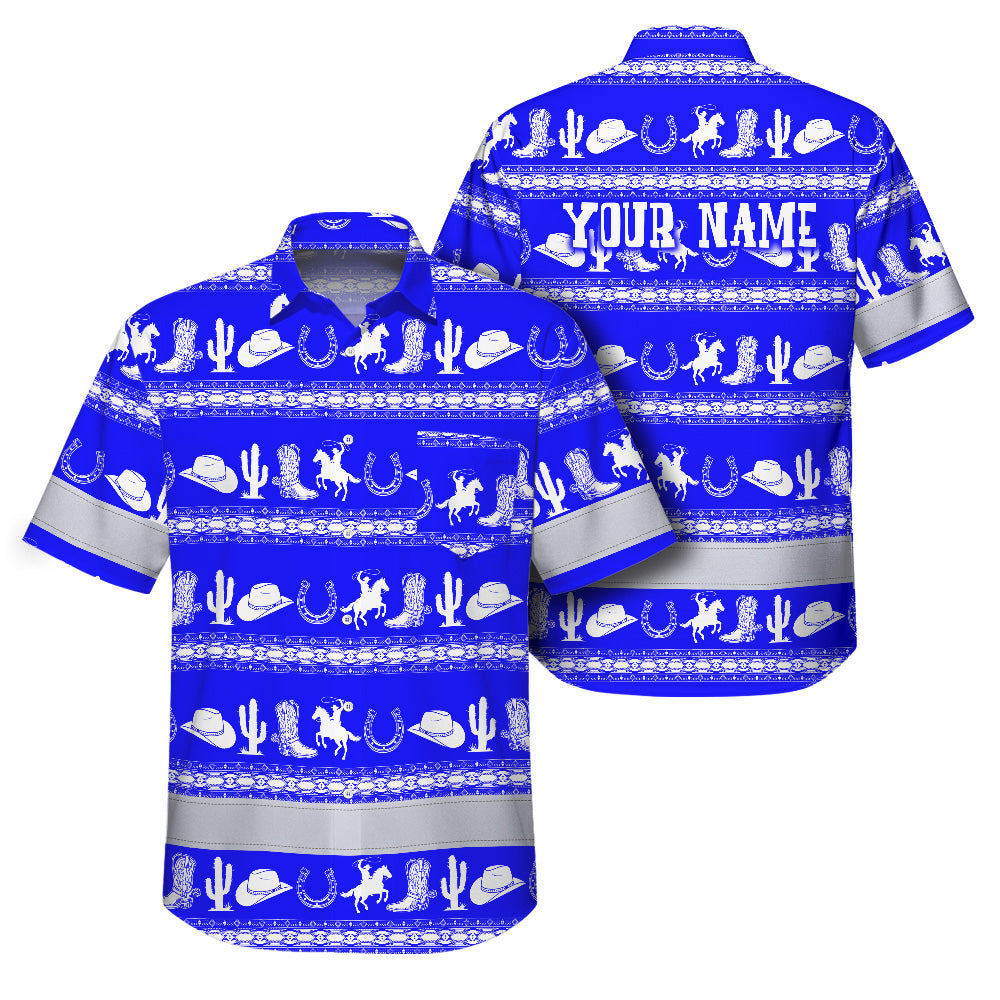 Hi Vis Hawaiian Shirt Reflective Tapes Blue Neon White Cowboy Custom Name Safety Workwear For Mechanics, Workers, Truckers, Operators