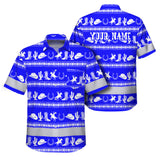 Hi Vis Hawaiian Shirt Reflective Tapes Blue Neon White Cowboy Custom Name Safety Workwear For Mechanics, Workers, Truckers, Operators