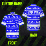 Hi Vis Hawaiian Shirt Reflective Tapes Blue Neon White Cowboy Custom Name Safety Workwear For Mechanics, Workers, Truckers, Operators