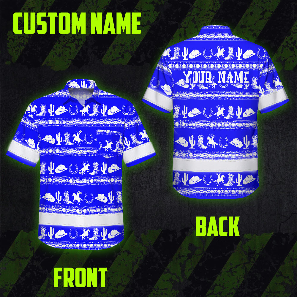 Hi Vis Hawaiian Shirt Reflective Tapes Blue Neon White Cowboy Custom Name Safety Workwear For Mechanics, Workers, Truckers, Operators