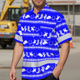 Hi Vis Hawaiian Shirt Reflective Tapes Blue Neon White Cowboy Custom Name Safety Workwear For Mechanics, Workers, Truckers, Operators