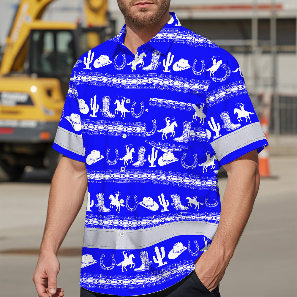 Hi Vis Hawaiian Shirt Reflective Tapes Blue Neon White Cowboy Custom Name Safety Workwear For Mechanics, Workers, Truckers, Operators