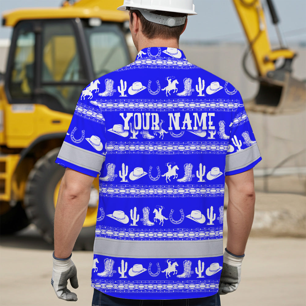 Hi Vis Hawaiian Shirt Reflective Tapes Blue Neon White Cowboy Custom Name Safety Workwear For Mechanics, Workers, Truckers, Operators