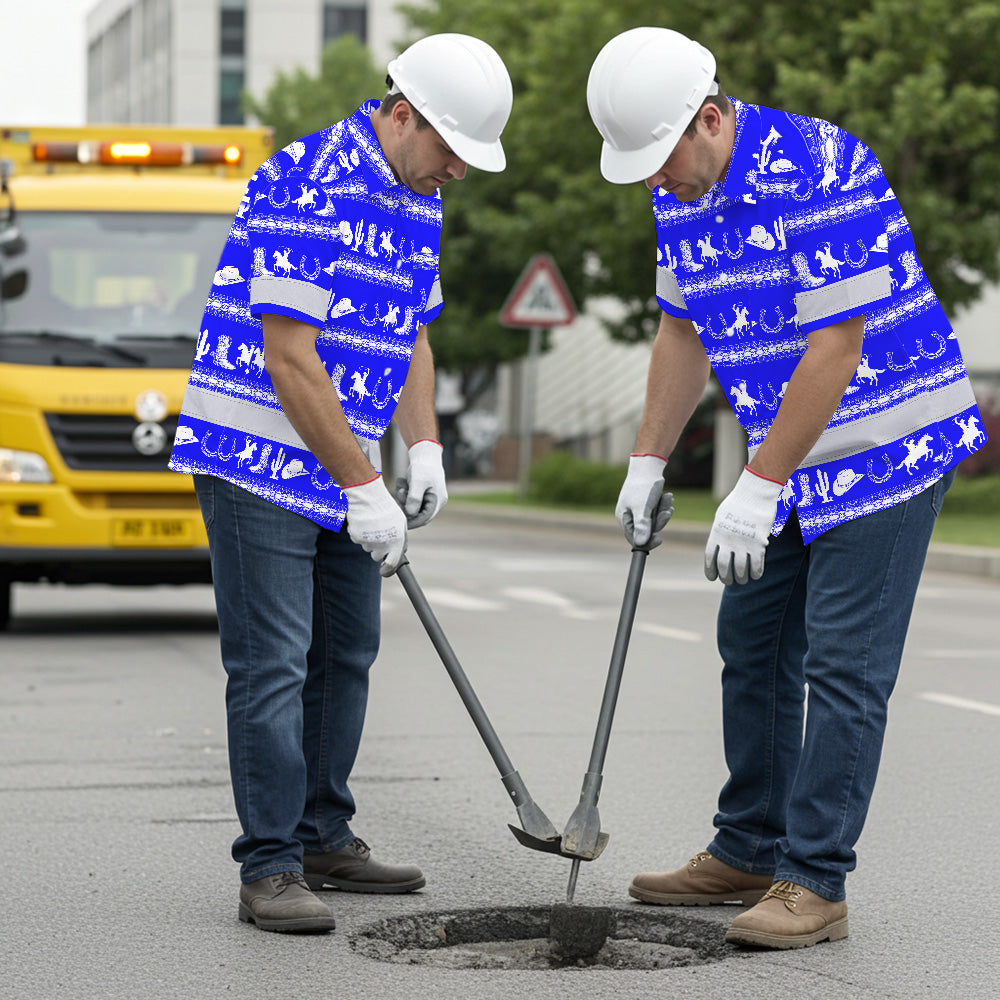 Hi Vis Hawaiian Shirt Reflective Tapes Blue Neon White Cowboy Custom Name Safety Workwear For Mechanics, Workers, Truckers, Operators