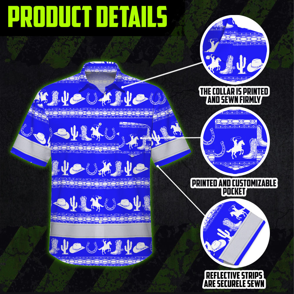 Hi Vis Hawaiian Shirt Reflective Tapes Blue Neon White Cowboy Custom Name Safety Workwear For Mechanics, Workers, Truckers, Operators
