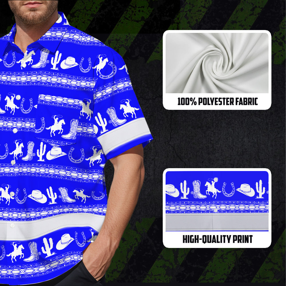 Hi Vis Hawaiian Shirt Reflective Tapes Blue Neon White Cowboy Custom Name Safety Workwear For Mechanics, Workers, Truckers, Operators