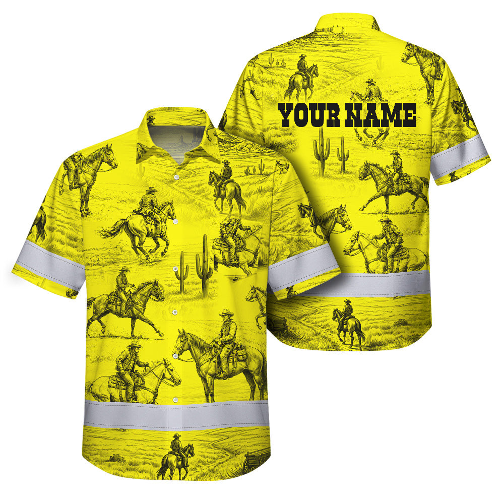 Hi Vis Hawaiian Shirt Reflective Tapes Yellow Neon Cowboy Custom Name Safety Workwear For Mechanics, Workers, Truckers, Operators